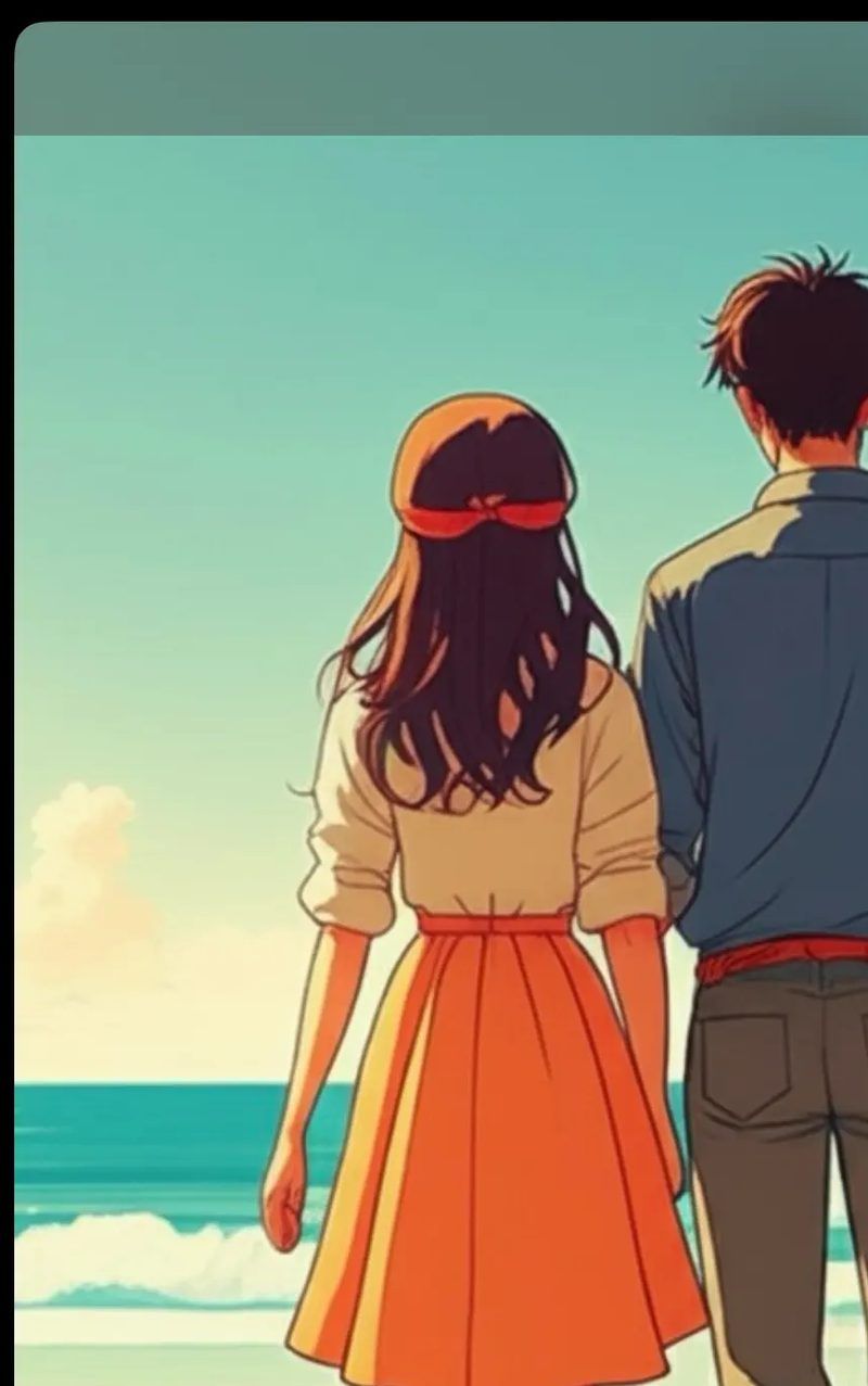 A Toonsta anime-style cartoon of a couple walking along a sunlit beach, seen from behind