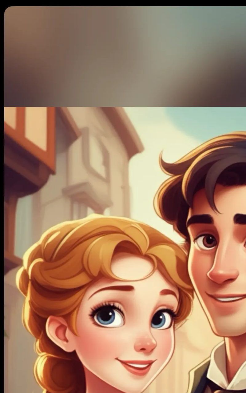 A Toonsta storybook-style cartoon of a smiling couple, painted with soft rounded features and warm light