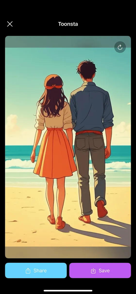 Toonsta result screen showing an anime-style cartoon of a couple on a beach with Share and Save buttons