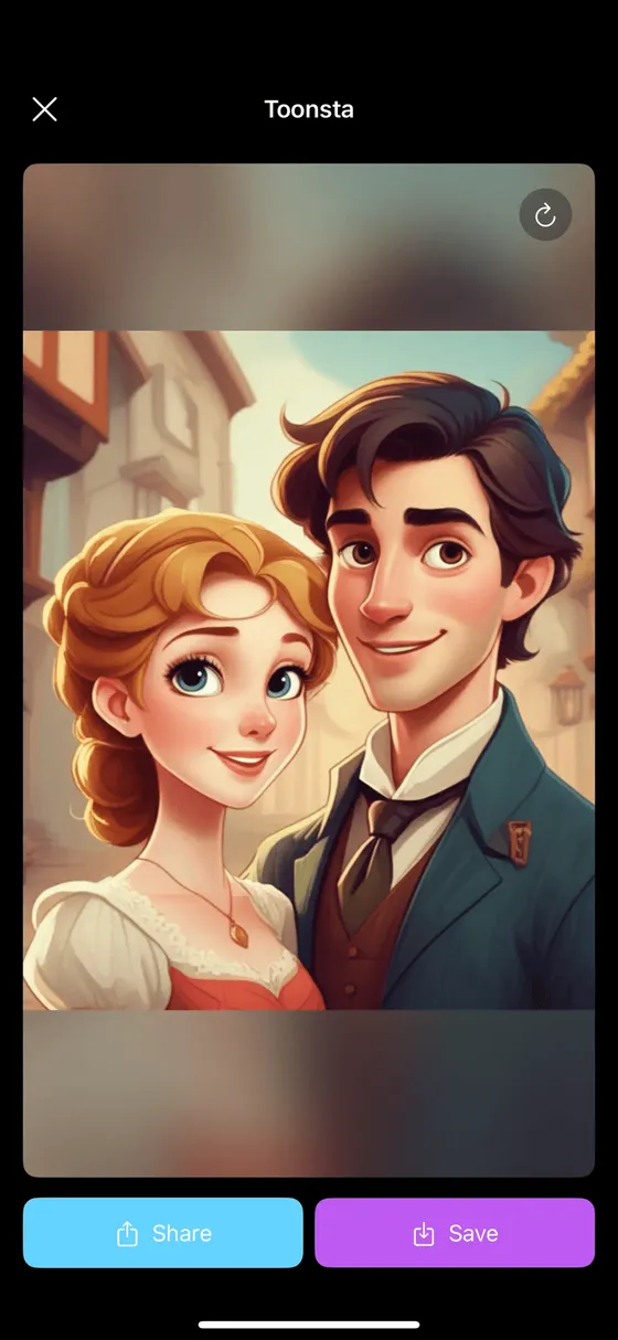 Toonsta result screen showing a storybook-style cartoon of a couple